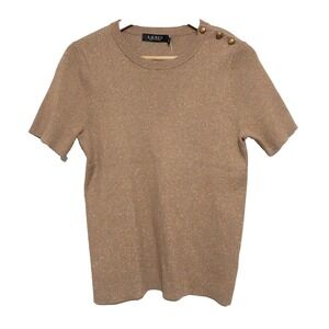 Lauren Ralph Lauren Ribbed Top Womens Large Metallic Gold Sparkle Button New